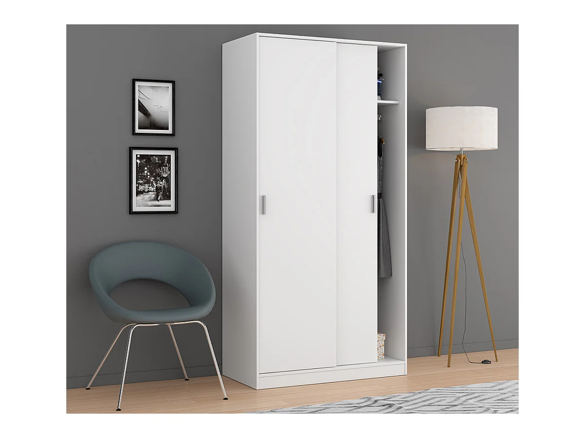 Armoire avec 2 Portes Coulissantes coloris Blanc - Dim : L 100 cm x H 200 x P 50 cm