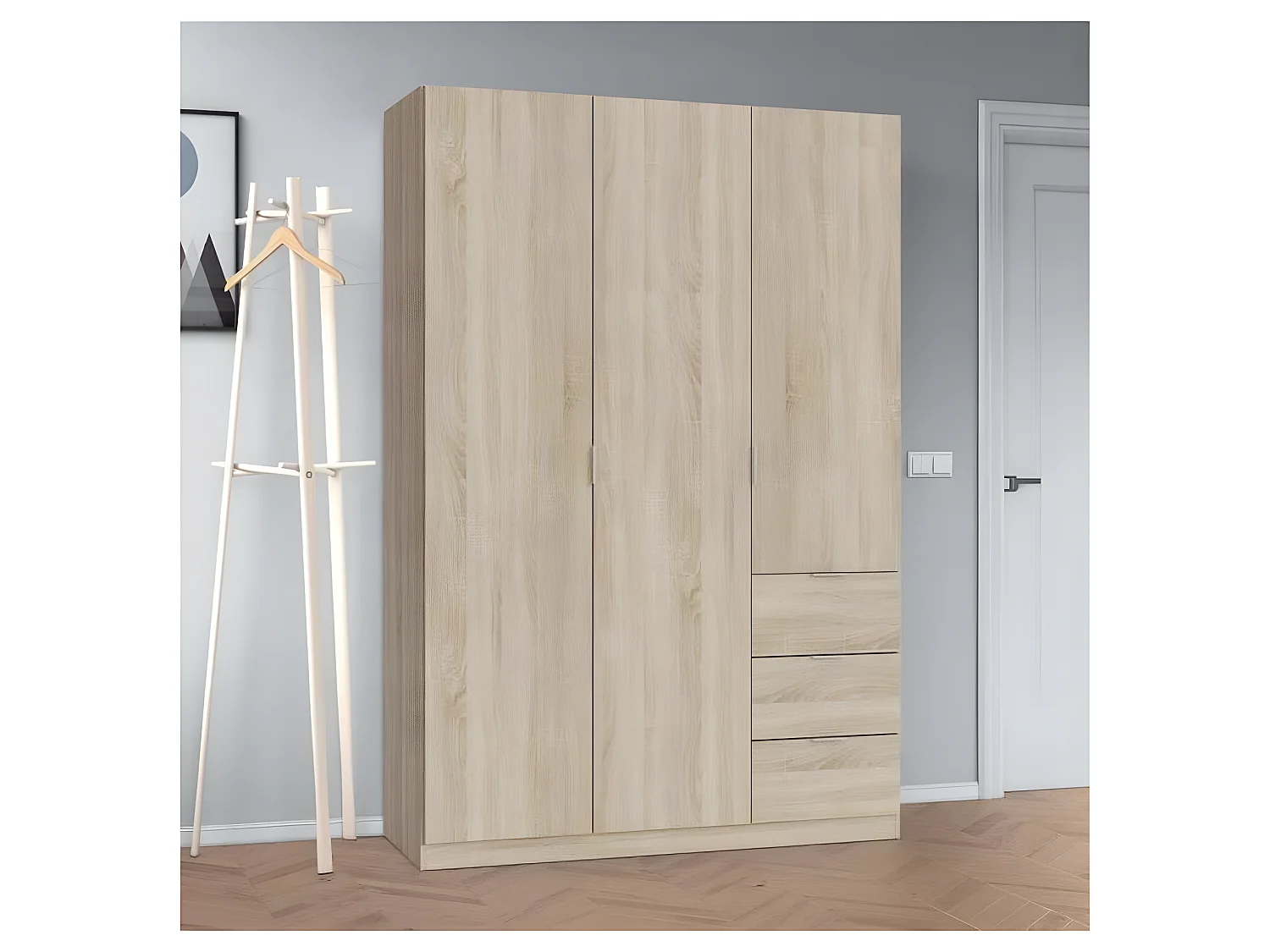 Armoire avec 3 portes coloris chêne canadien - 200 x 135 x 52 cm
