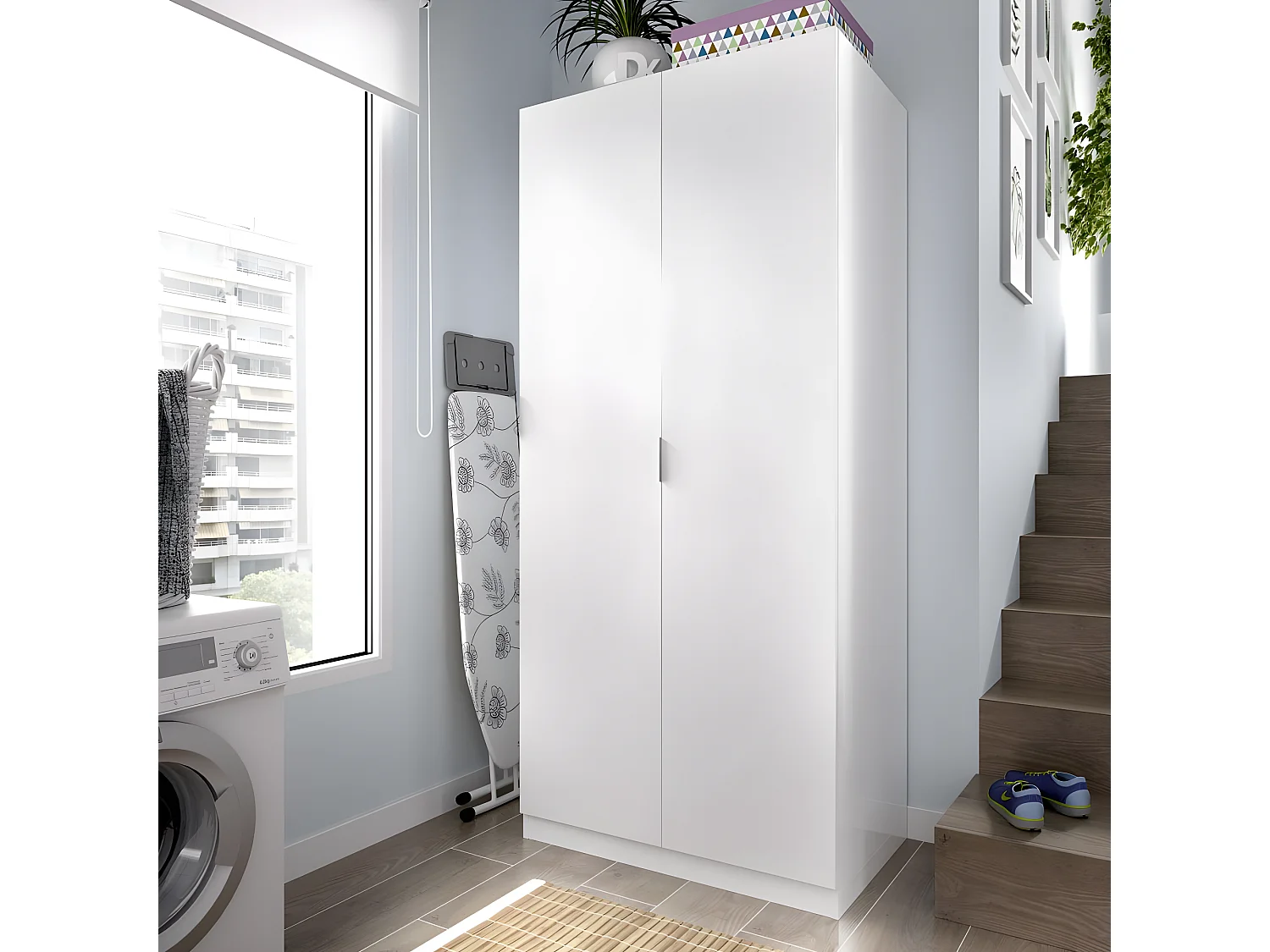 Armoire placard meuble de rangement coloris blanc - Longueur 81 x Hauteur 184 x Profondeur 52 cm