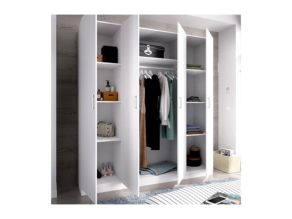 Armoire placard meuble de rangement coloris blanc - Longueur 200 x Profondeur 52 x Hauteur 215 cm