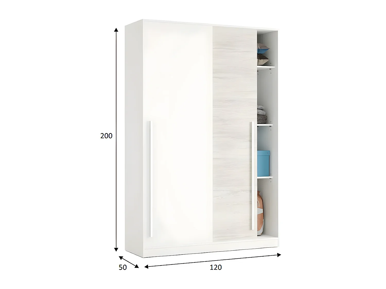 Armoire avec 2 portes coulissantes coloris blanc artic / blanc poli - Hauteur 200 x Longueur 120 x Profondeur 50 cm