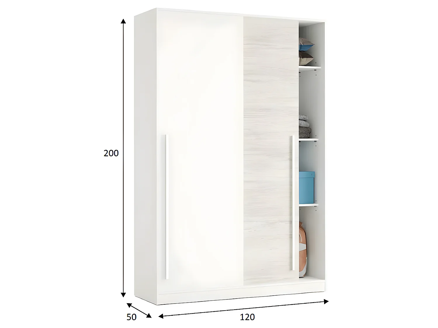 Armoire avec 2 portes coulissantes coloris blanc artic / blanc poli - Hauteur 200 x Longueur 120 x Profondeur 50 cm
