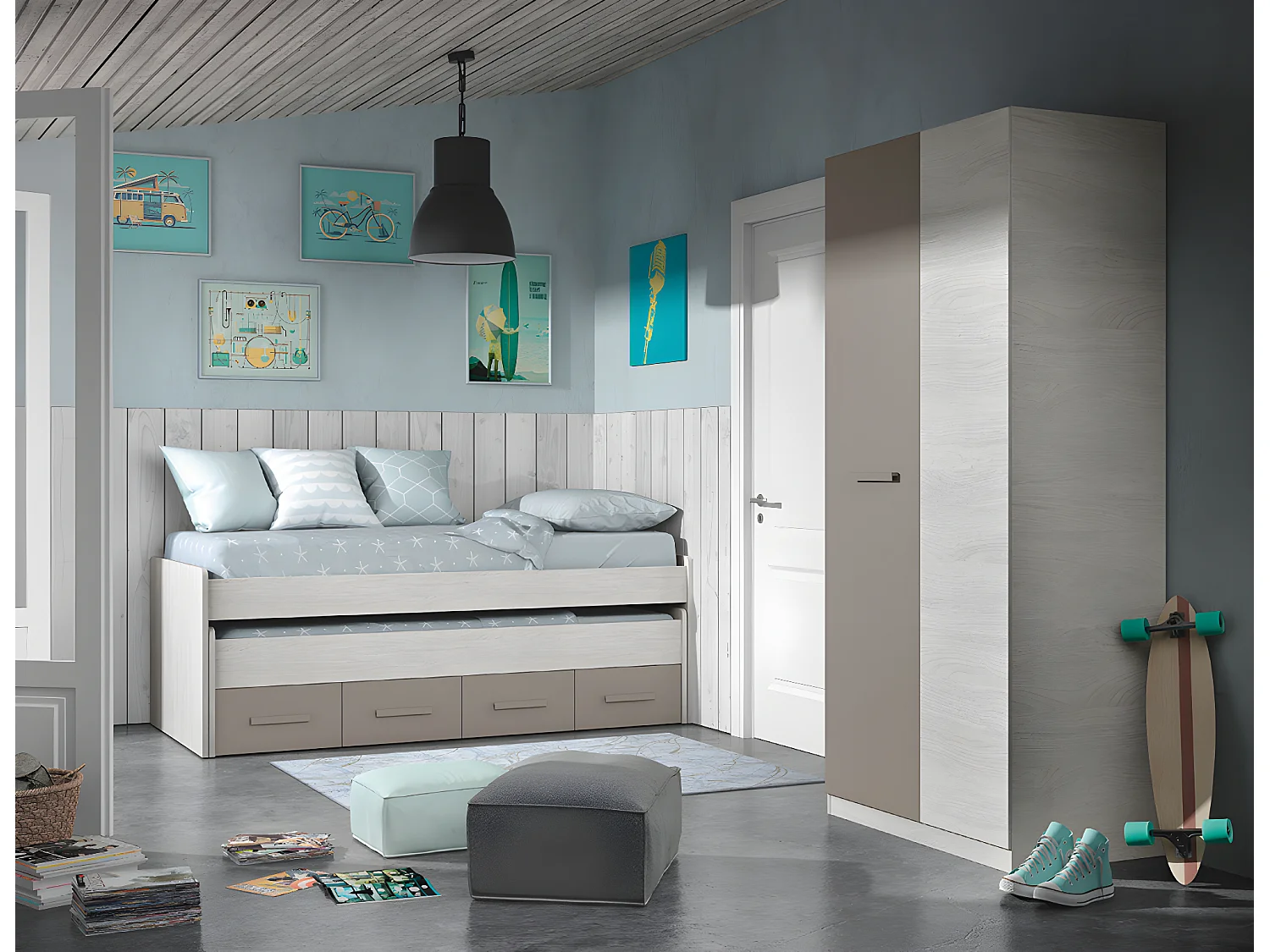 Armoire avec 2 portes coloris Blanc Artik / basalte en mélamine - Dim : 200 x 90 x 52 cm