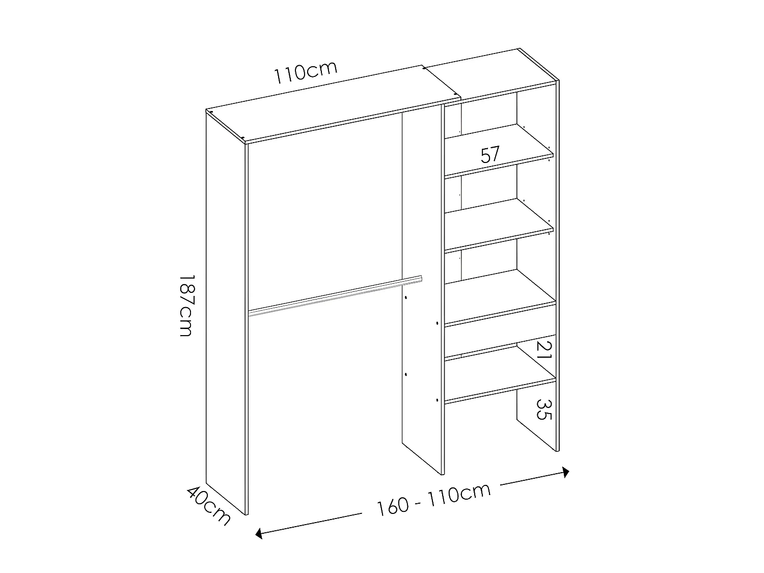 Armoire placard extensible coloris naturel - Longueur 110-160 x Hauteur 187 x Profondeur 40 cm