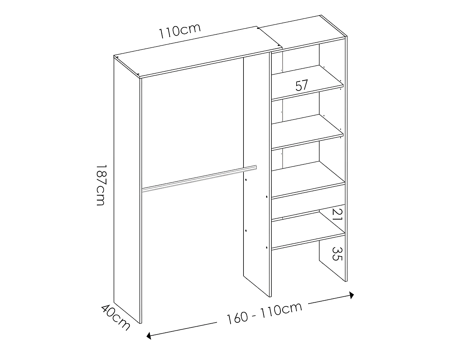 Armoire placard extensible coloris naturel - Longueur 110-160 x Hauteur 187 x Profondeur 40 cm