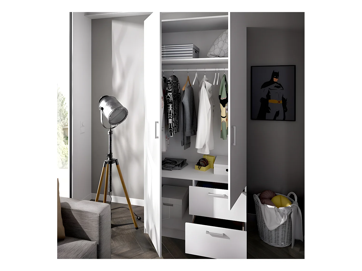 Armoire placard meuble de rangement coloris blanc - Longueur 100 x Profondeur 52 x Hauteur 215 cm