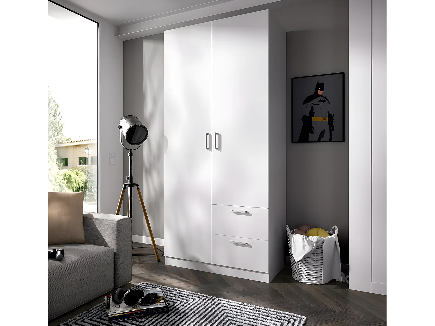 Armoire placard meuble de rangement coloris blanc - Longueur 100 x Profondeur 52 x Hauteur 215 cm