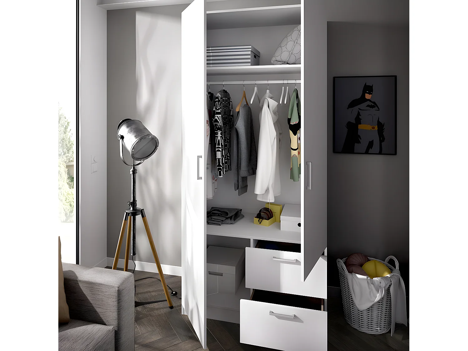 Armoire placard meuble de rangement coloris blanc - Longueur 100 x Profondeur 52 x Hauteur 215 cm