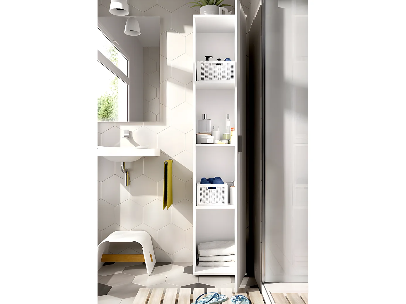 Armoire meuble de rangement coloris blanc - Longueur 39 x Profondeur 35 x Hauteur 190 cm