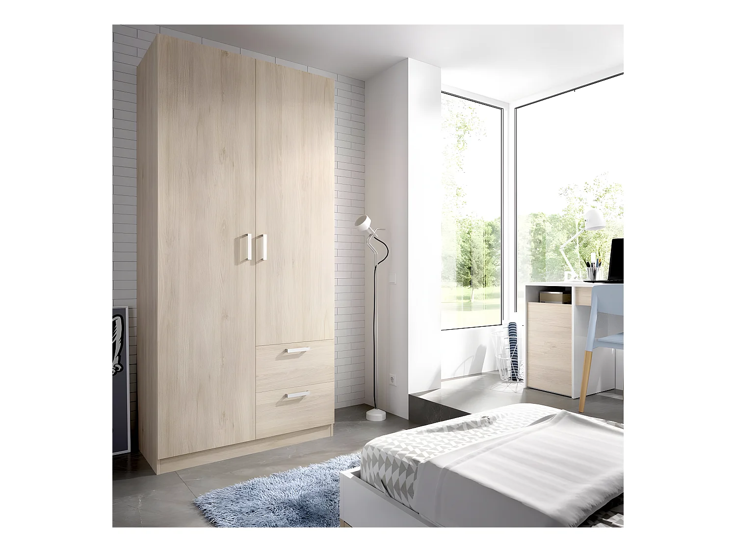 Armoire placard meuble de rangement coloris naturel - Longueur 100 x Profondeur 52 x Hauteur 215 cm