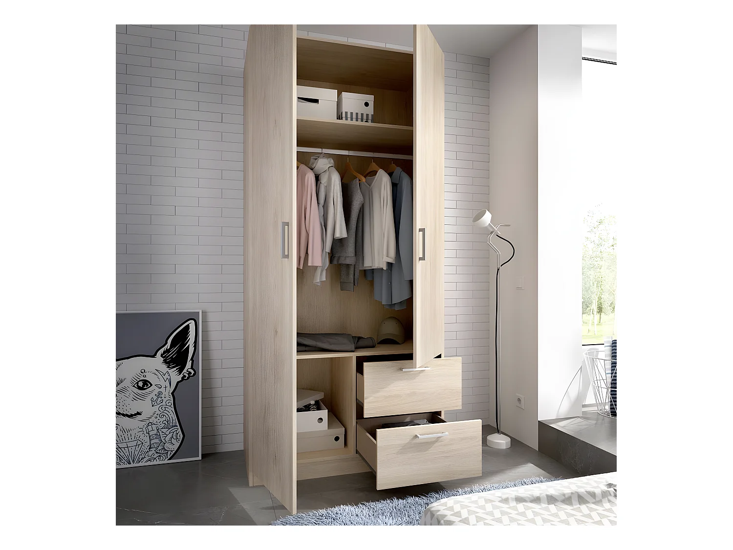 Armoire placard meuble de rangement coloris naturel - Longueur 100 x Profondeur 52 x Hauteur 215 cm