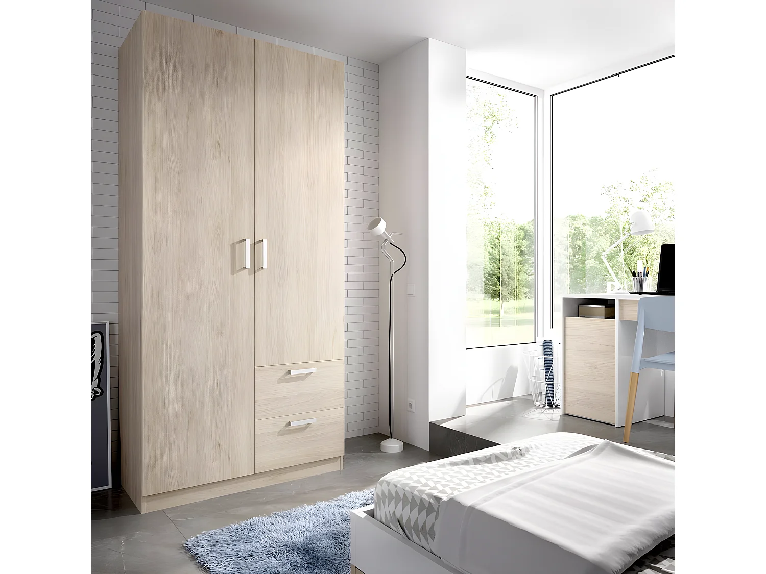 Armoire placard meuble de rangement coloris naturel - Longueur 100 x Profondeur 52 x Hauteur 215 cm