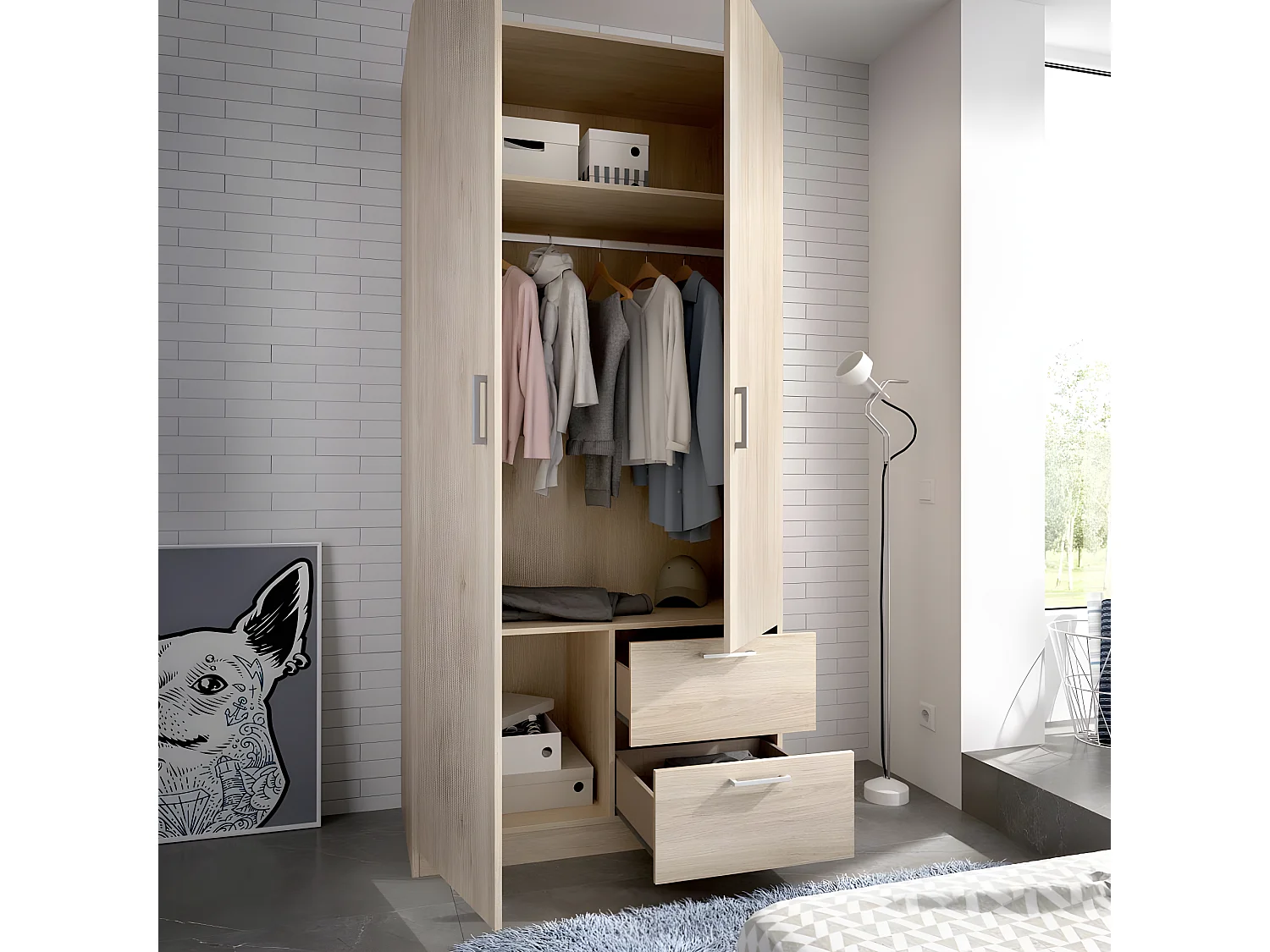 Armoire placard meuble de rangement coloris naturel - Longueur 100 x Profondeur 52 x Hauteur 215 cm