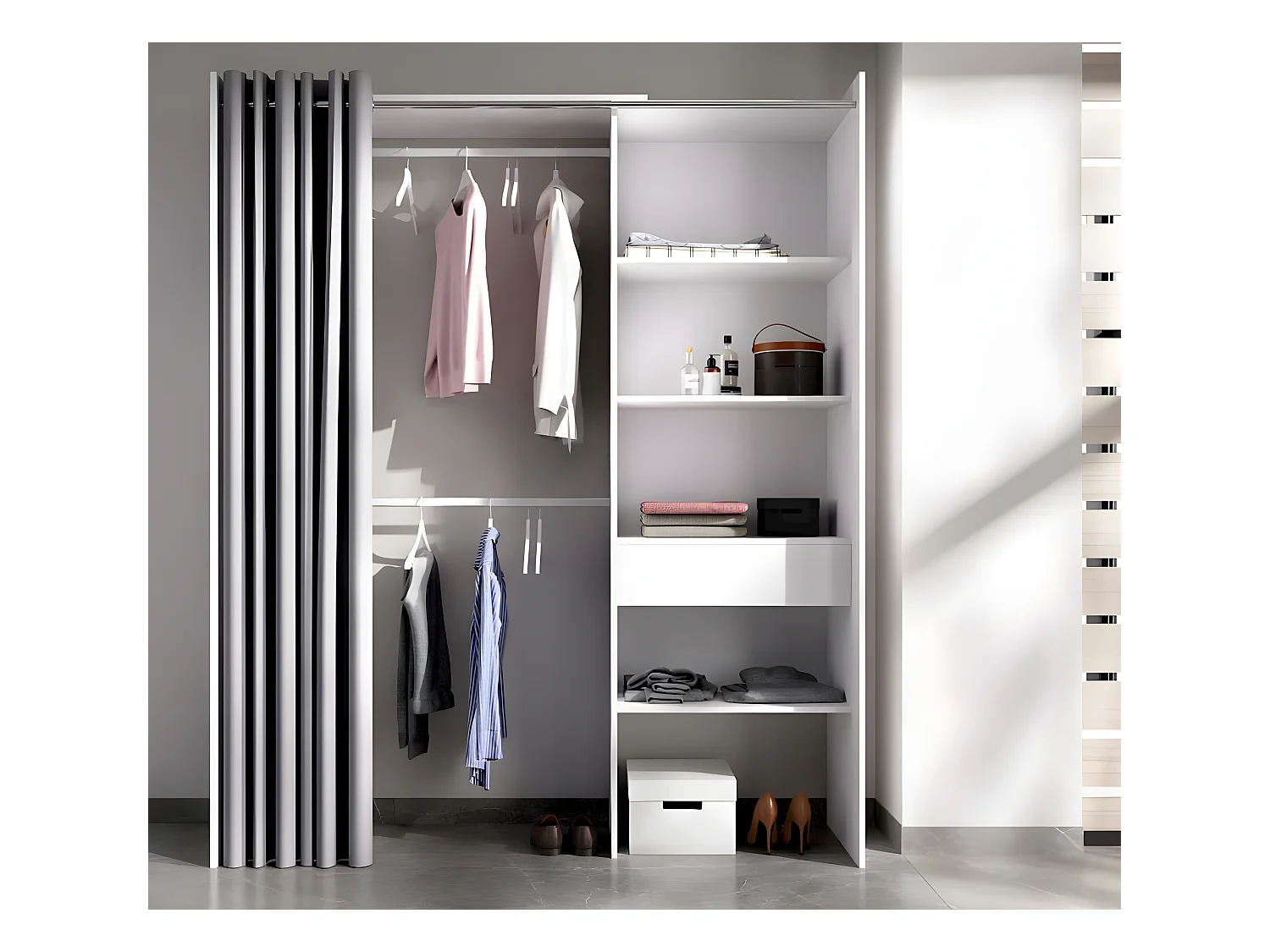 Armoire dressing extensible avec rideau + 1 tiroir coloris blanc - Longueur 110-160 x Hauteur 205 x Profondeur 50 cm