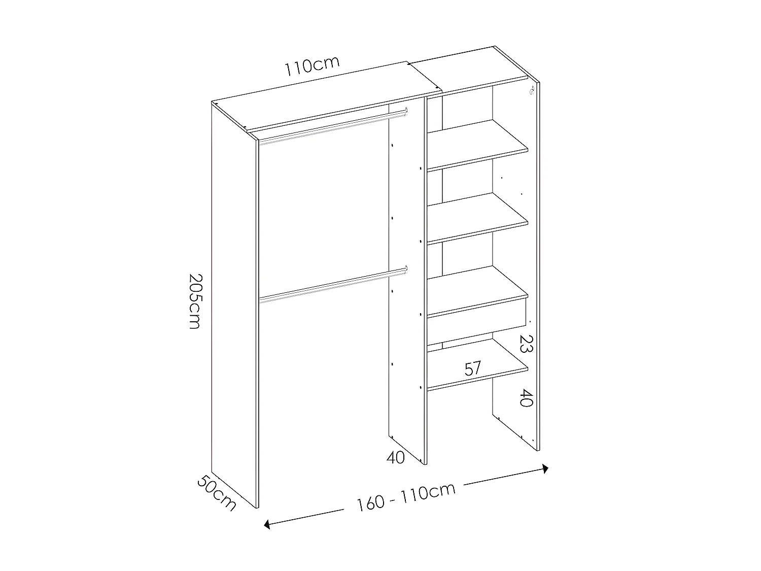 Armoire dressing extensible avec rideau + 1 tiroir coloris blanc - Longueur 110-160 x Hauteur 205 x Profondeur 50 cm