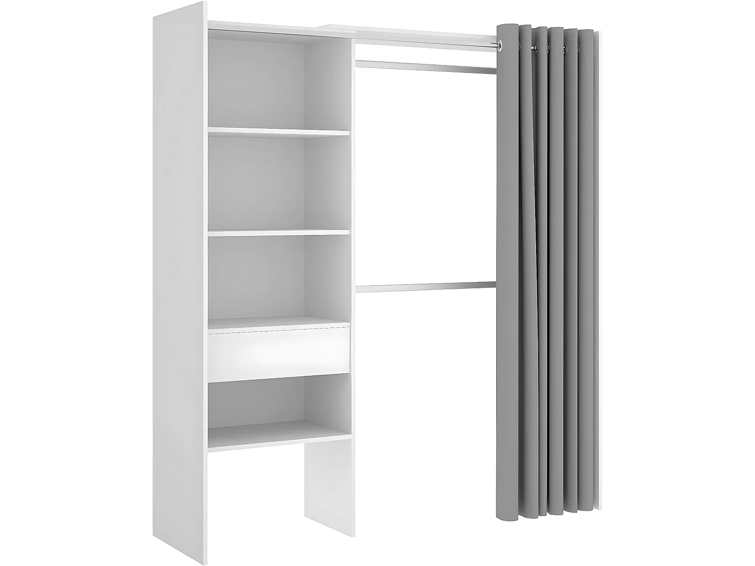 Armoire dressing extensible avec rideau + 1 tiroir coloris blanc - Longueur 110-160 x Hauteur 205 x Profondeur 50 cm