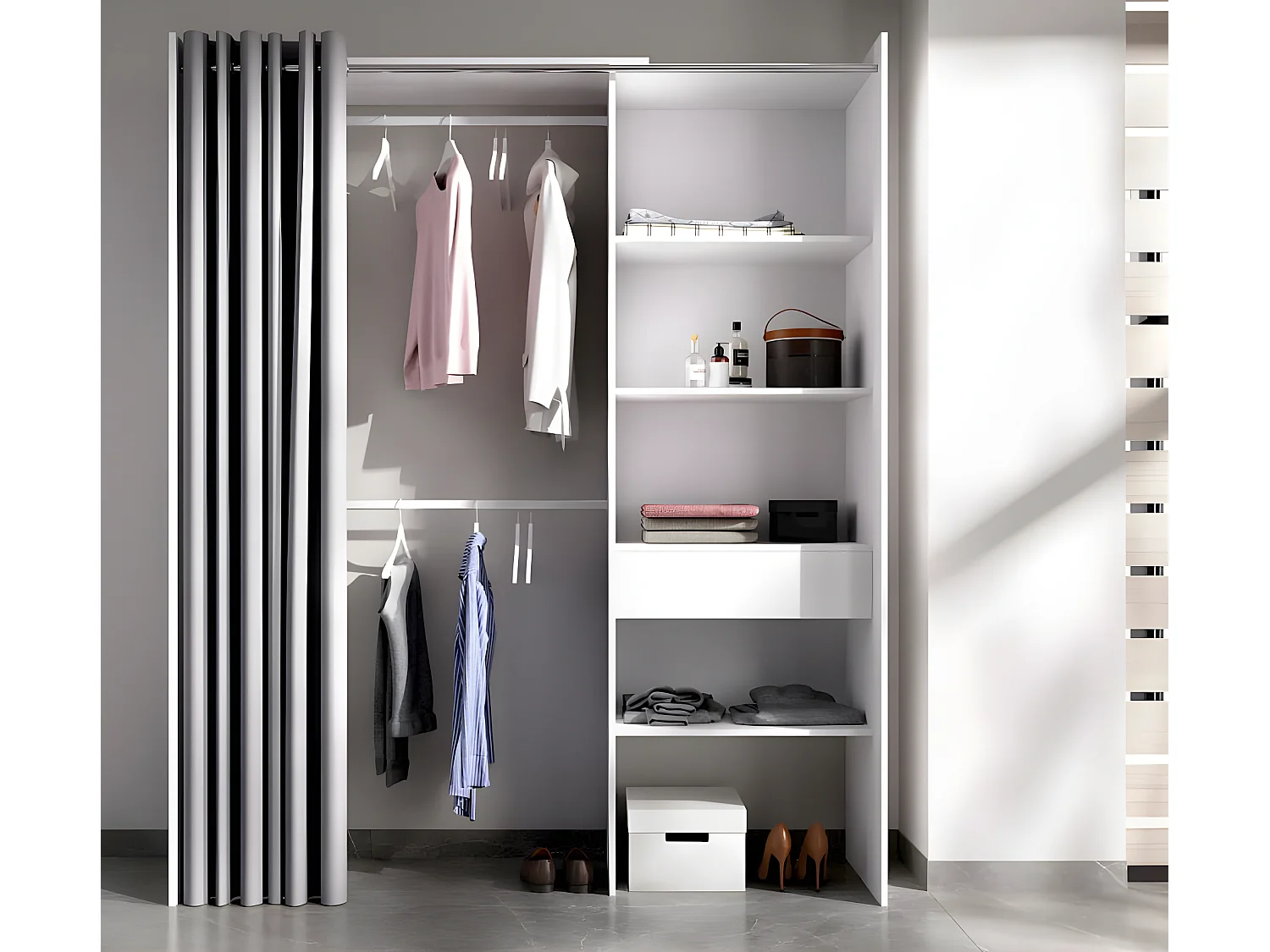 Armoire dressing extensible avec rideau + 1 tiroir coloris blanc - Longueur 110-160 x Hauteur 205 x Profondeur 50 cm