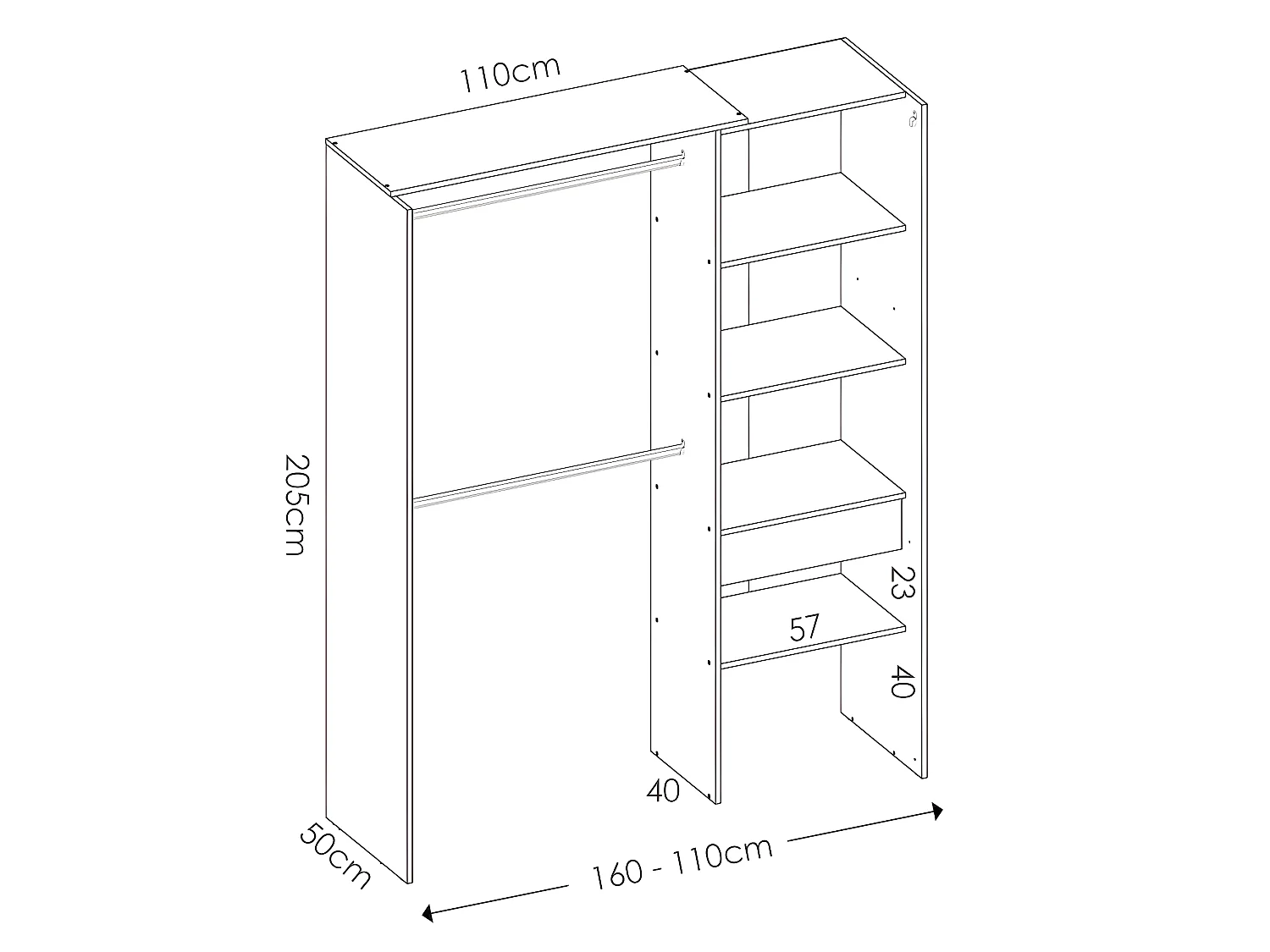 Armoire dressing extensible avec rideau + 1 tiroir coloris blanc - Longueur 110-160 x Hauteur 205 x Profondeur 50 cm