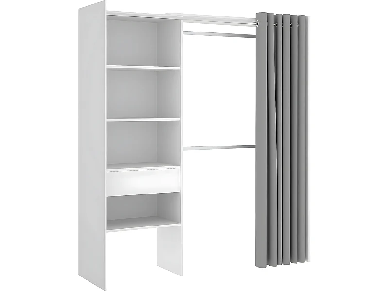 Armoire dressing extensible avec rideau + 1 tiroir coloris blanc - Longueur 110-160 x Hauteur 205 x Profondeur 50 cm