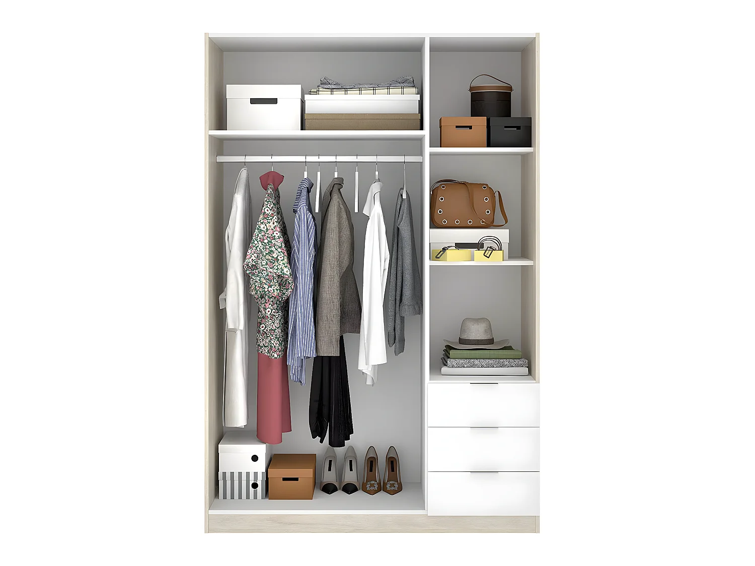 Armoire placard meuble de rangement coloris naturel/blanc - Longueur 121 x Profondeur 52 x Hauteur 184 cm