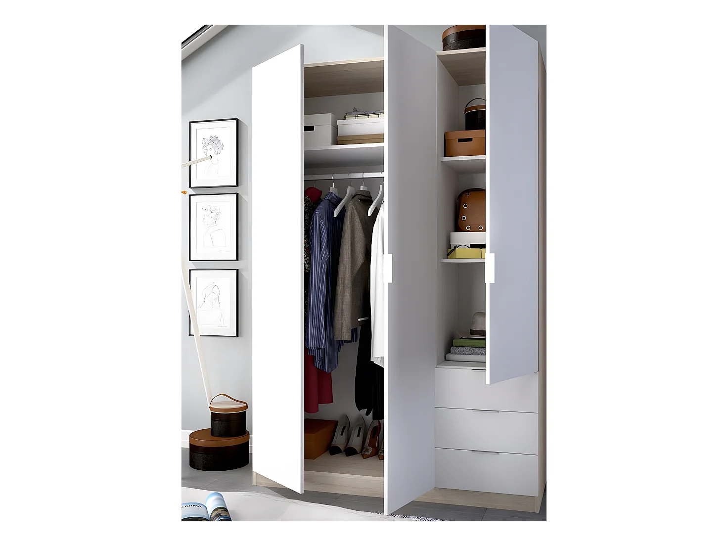 Armoire placard meuble de rangement coloris naturel/blanc - Longueur 121 x Profondeur 52 x Hauteur 184 cm