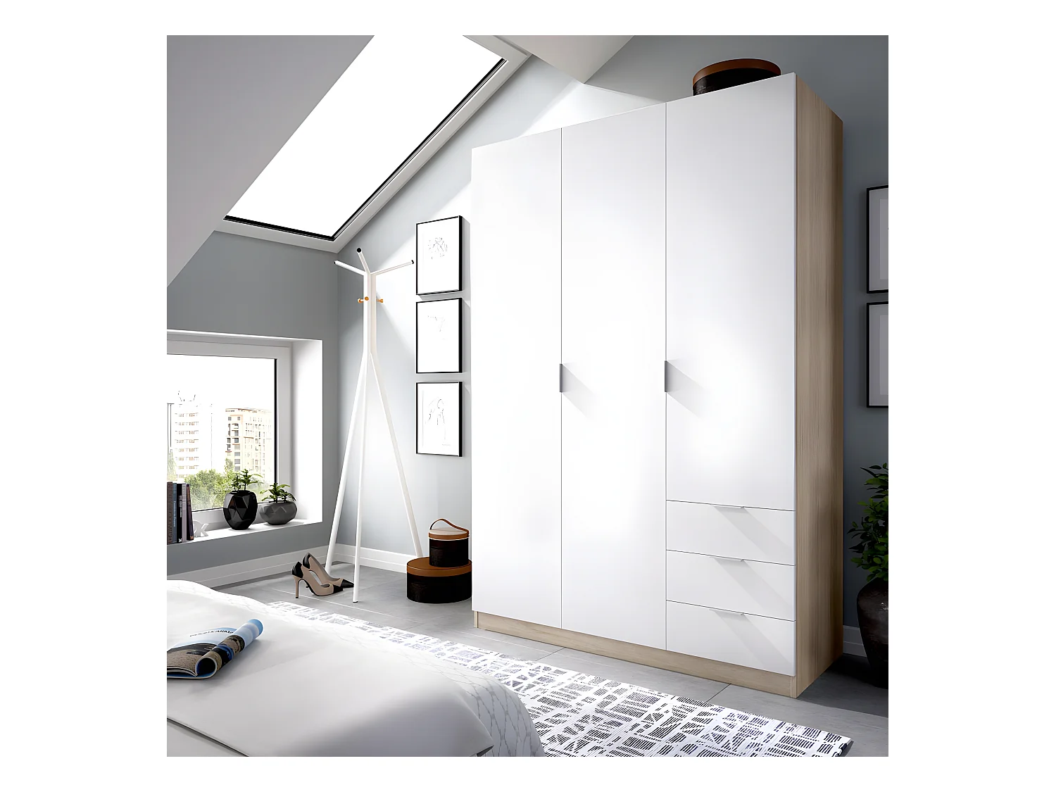 Armoire placard meuble de rangement coloris naturel/blanc - Longueur 121 x Profondeur 52 x Hauteur 184 cm