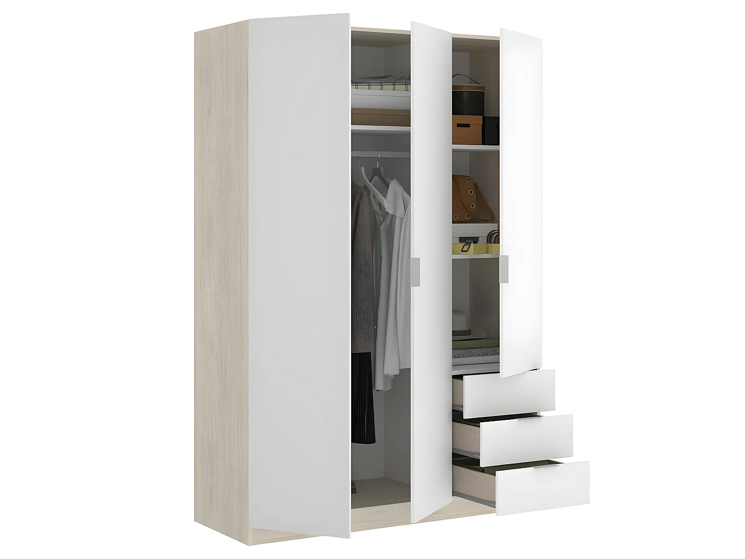 Armoire placard meuble de rangement coloris naturel/blanc - Longueur 121 x Profondeur 52 x Hauteur 184 cm