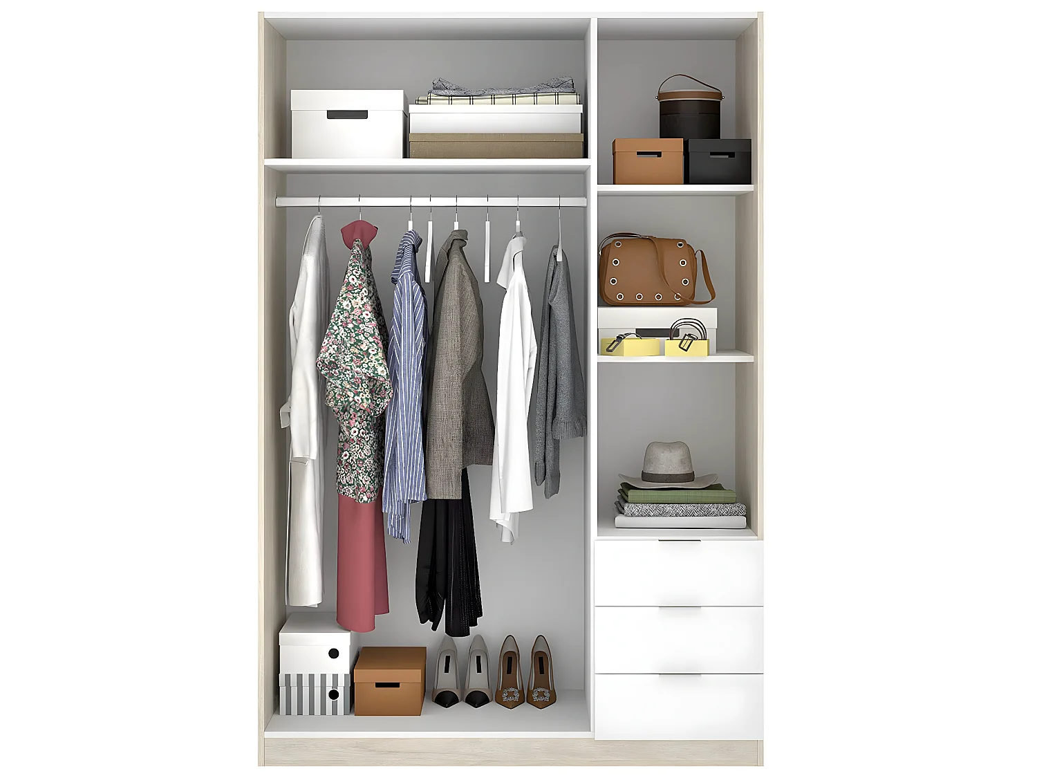 Armoire placard meuble de rangement coloris naturel/blanc - Longueur 121 x Profondeur 52 x Hauteur 184 cm