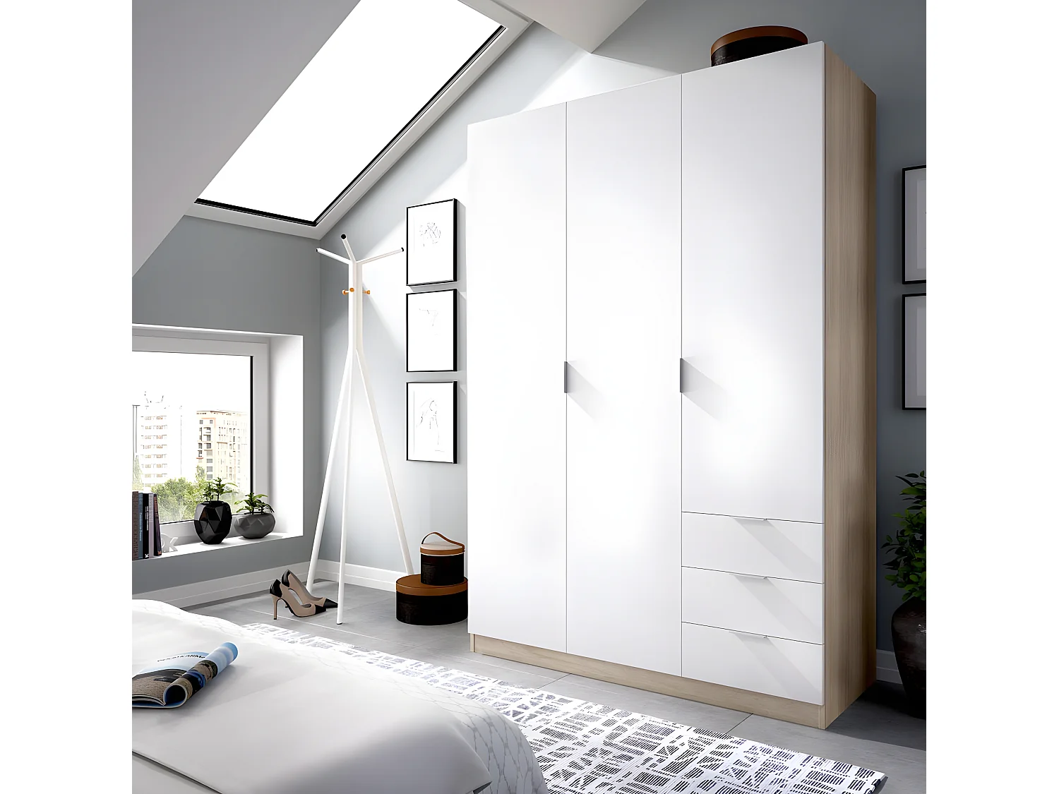 Armoire placard meuble de rangement coloris naturel/blanc - Longueur 121 x Profondeur 52 x Hauteur 184 cm