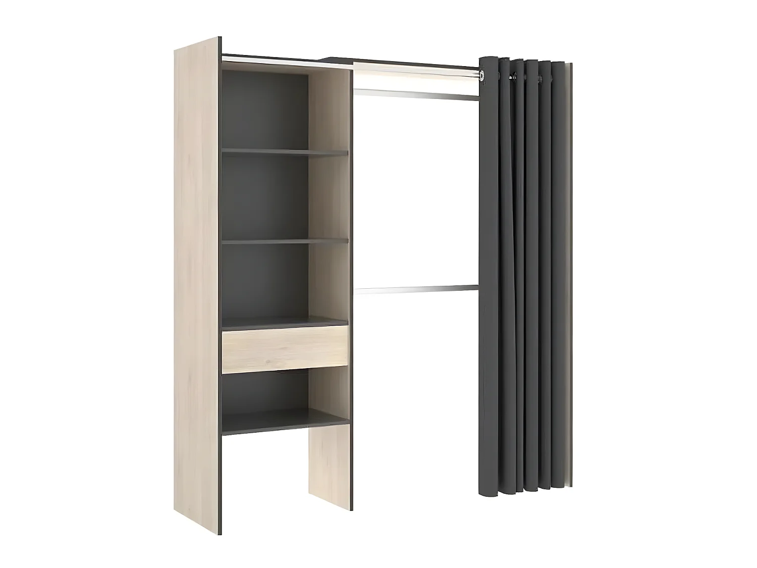 Armoire dressing extensible avec rideau + 1 tiroir coloris naturel/graphite - Longueur 110-160 x Hauteur 203 x Profondeur 50 cm
