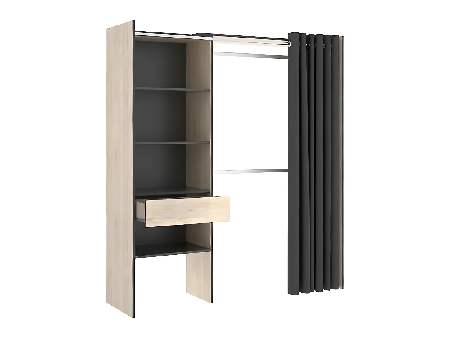 Armoire dressing extensible avec rideau + 1 tiroir coloris naturel/graphite - Longueur 110-160 x Hauteur 203 x Profondeur 50 cm