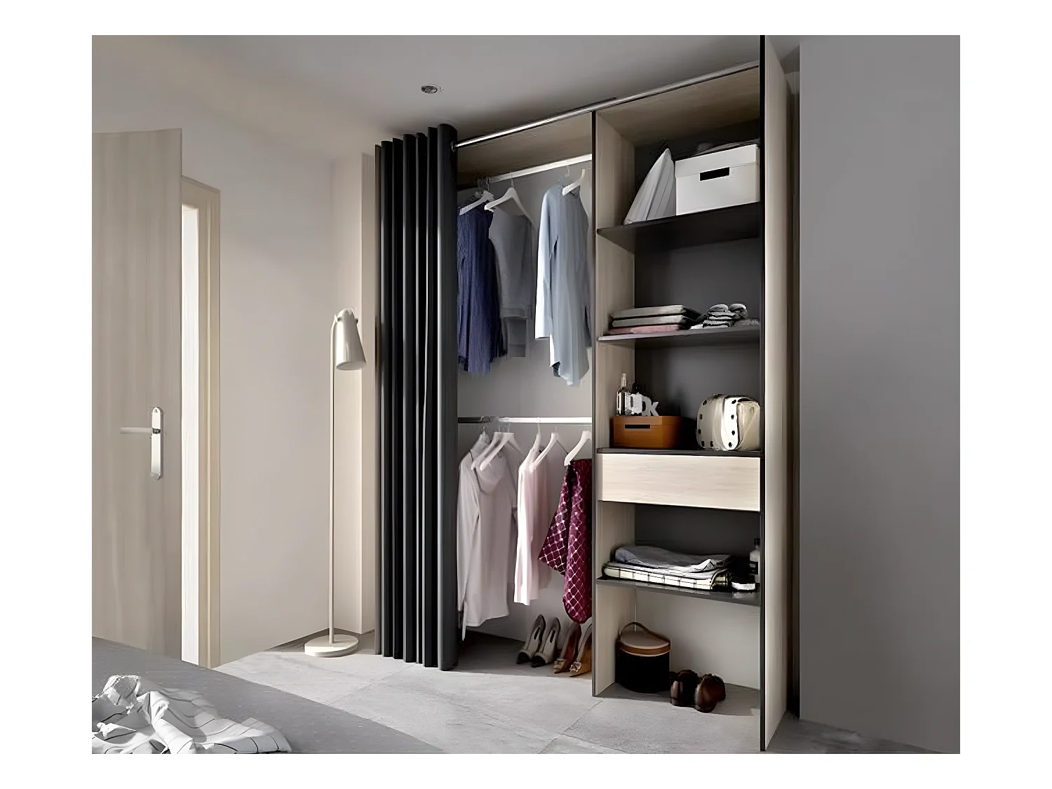 Armoire dressing extensible avec rideau + 1 tiroir coloris naturel/graphite - Longueur 110-160 x Hauteur 203 x Profondeur 50 cm