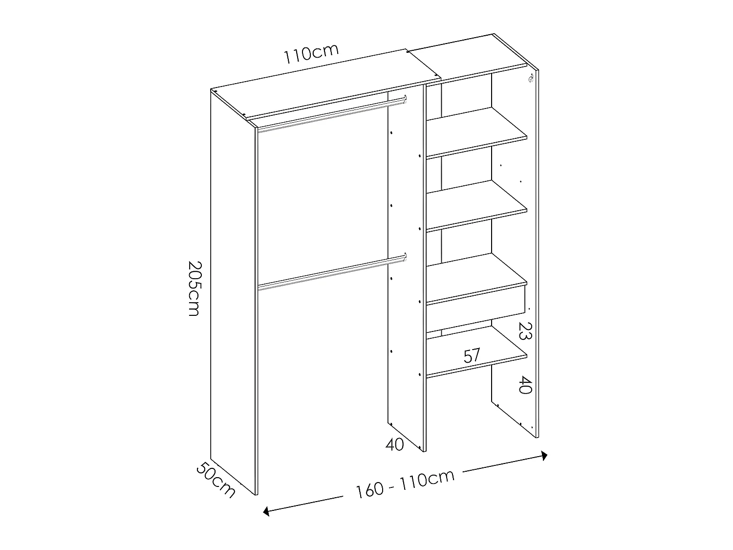 Armoire dressing extensible avec rideau + 1 tiroir coloris naturel/graphite - Longueur 110-160 x Hauteur 203 x Profondeur 50 cm