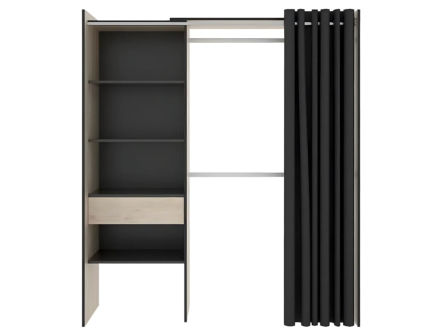 Armoire dressing extensible avec rideau + 1 tiroir coloris naturel/graphite - Longueur 110-160 x Hauteur 203 x Profondeur 50 cm