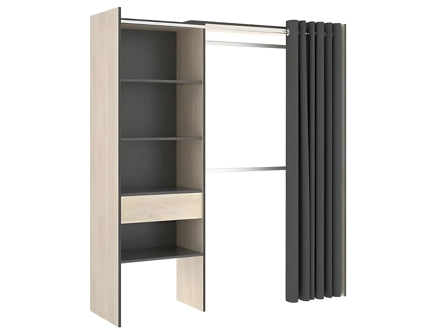 Armoire dressing extensible avec rideau + 1 tiroir coloris naturel/graphite - Longueur 110-160 x Hauteur 203 x Profondeur 50 cm