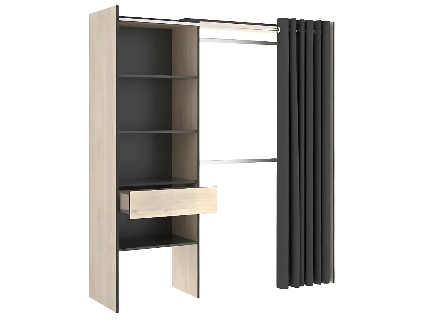 Armoire dressing extensible avec rideau + 1 tiroir coloris naturel/graphite - Longueur 110-160 x Hauteur 203 x Profondeur 50 cm