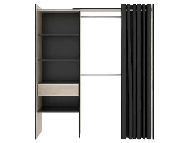 Armoire dressing extensible avec rideau + 1 tiroir coloris naturel/graphite - Longueur 110-160 x Hauteur 203 x Profondeur 50 cm