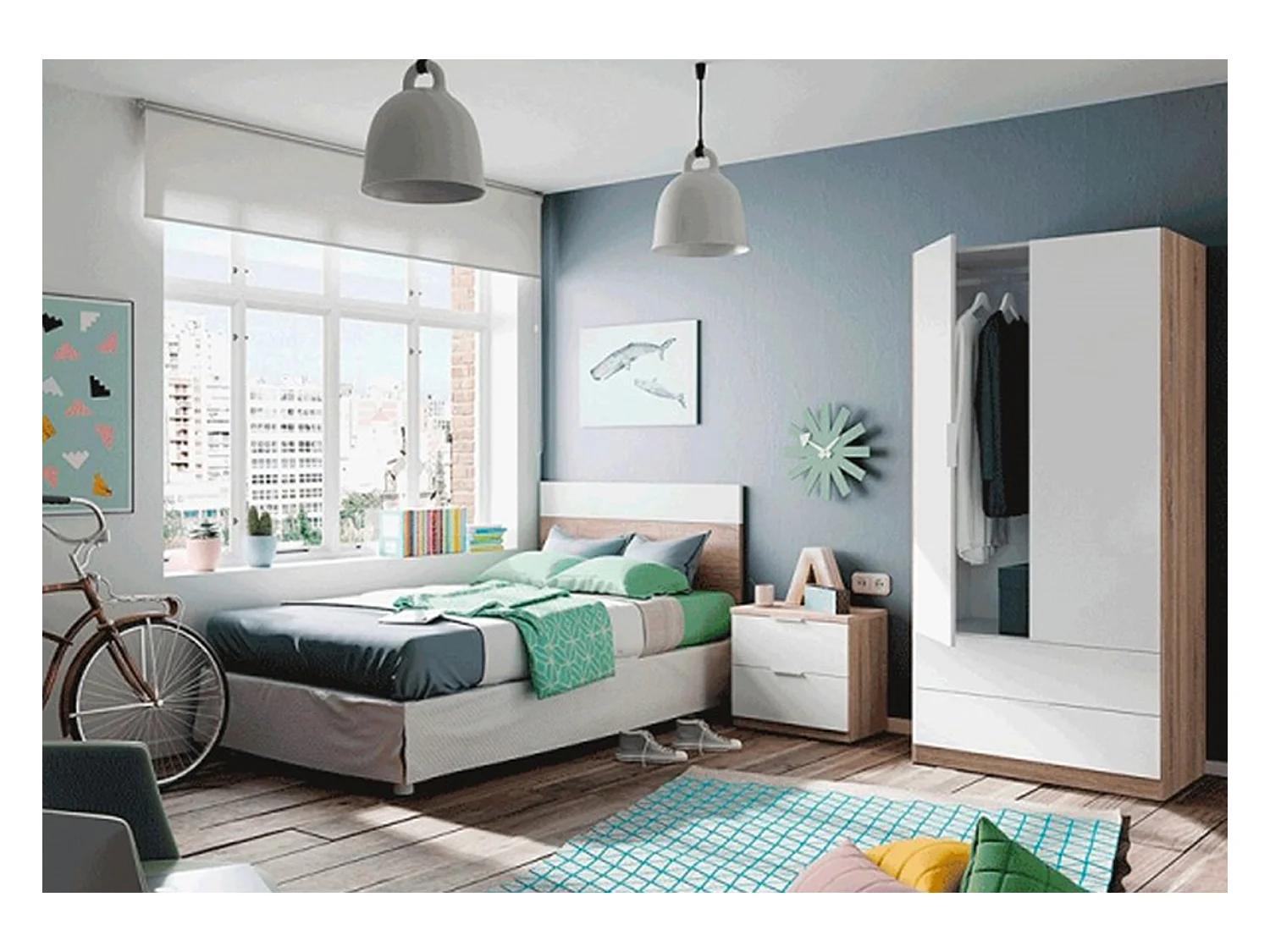 Armoire avec 2 portes 2 tiroirs Coloris chêne et blanc - Dim : L 81 x H 180 x P 52 cm