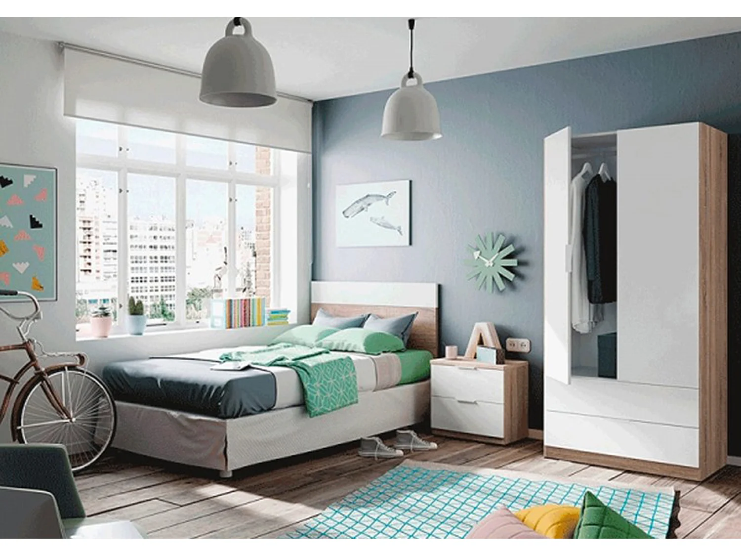 Armoire avec 2 portes 2 tiroirs Coloris chêne et blanc - Dim : L 81 x H 180 x P 52 cm