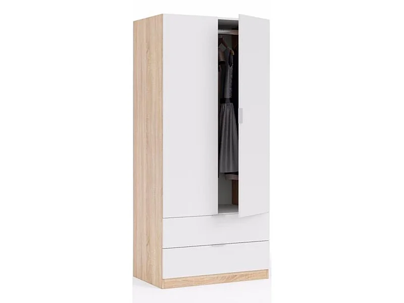 Armoire avec 2 portes 2 tiroirs Coloris chêne et blanc - Dim : L 81 x H 180 x P 52 cm