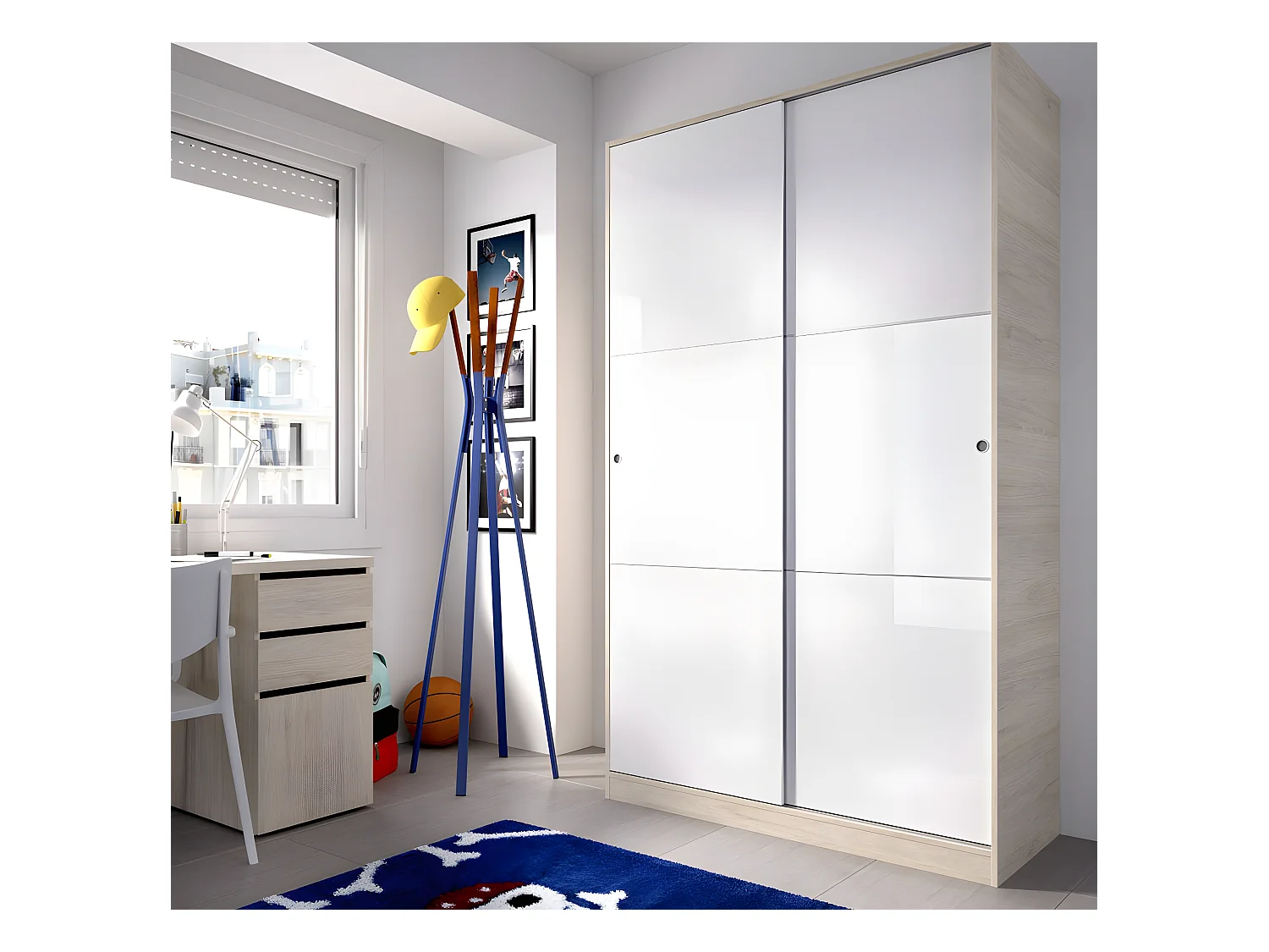 Armoire à portes coulissantes coloris naturel/blanc brillant - Longueur 120 x Profondeur 50 x Hauteur 204 cm