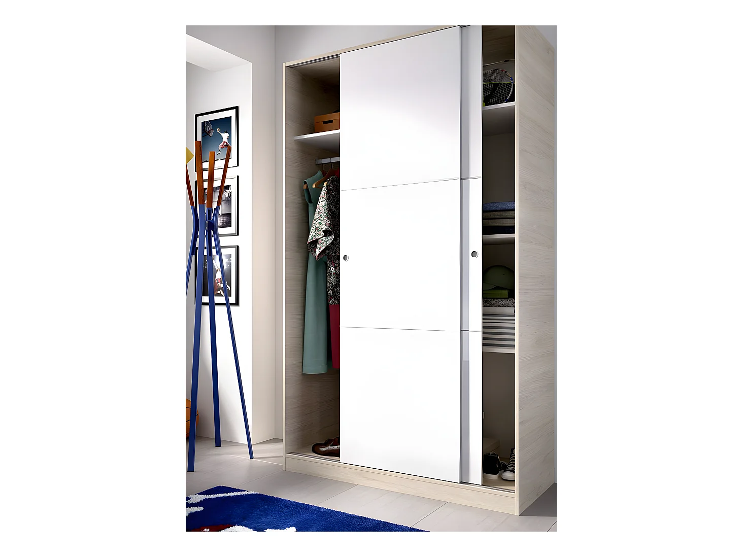 Armoire à portes coulissantes coloris naturel/blanc brillant - Longueur 120 x Profondeur 50 x Hauteur 204 cm