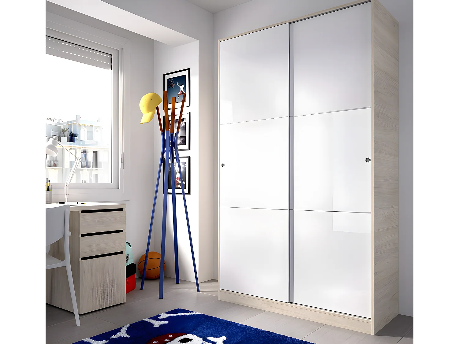 Armoire à portes coulissantes coloris naturel/blanc brillant - Longueur 120 x Profondeur 50 x Hauteur 204 cm