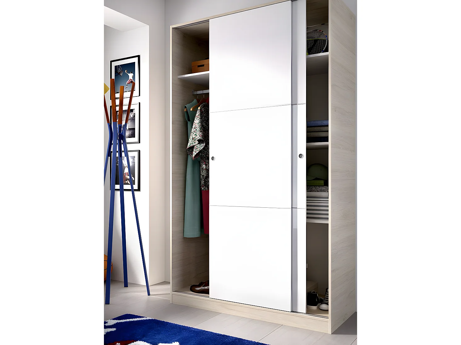 Armoire à portes coulissantes coloris naturel/blanc brillant - Longueur 120 x Profondeur 50 x Hauteur 204 cm
