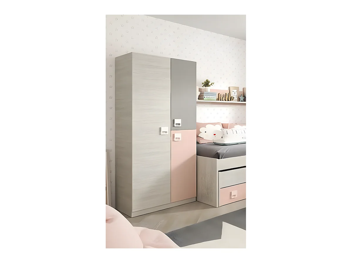 Armoire enfant avec 2 portes coloris blanc alpes / rose - 200 x 90 x 52 cm