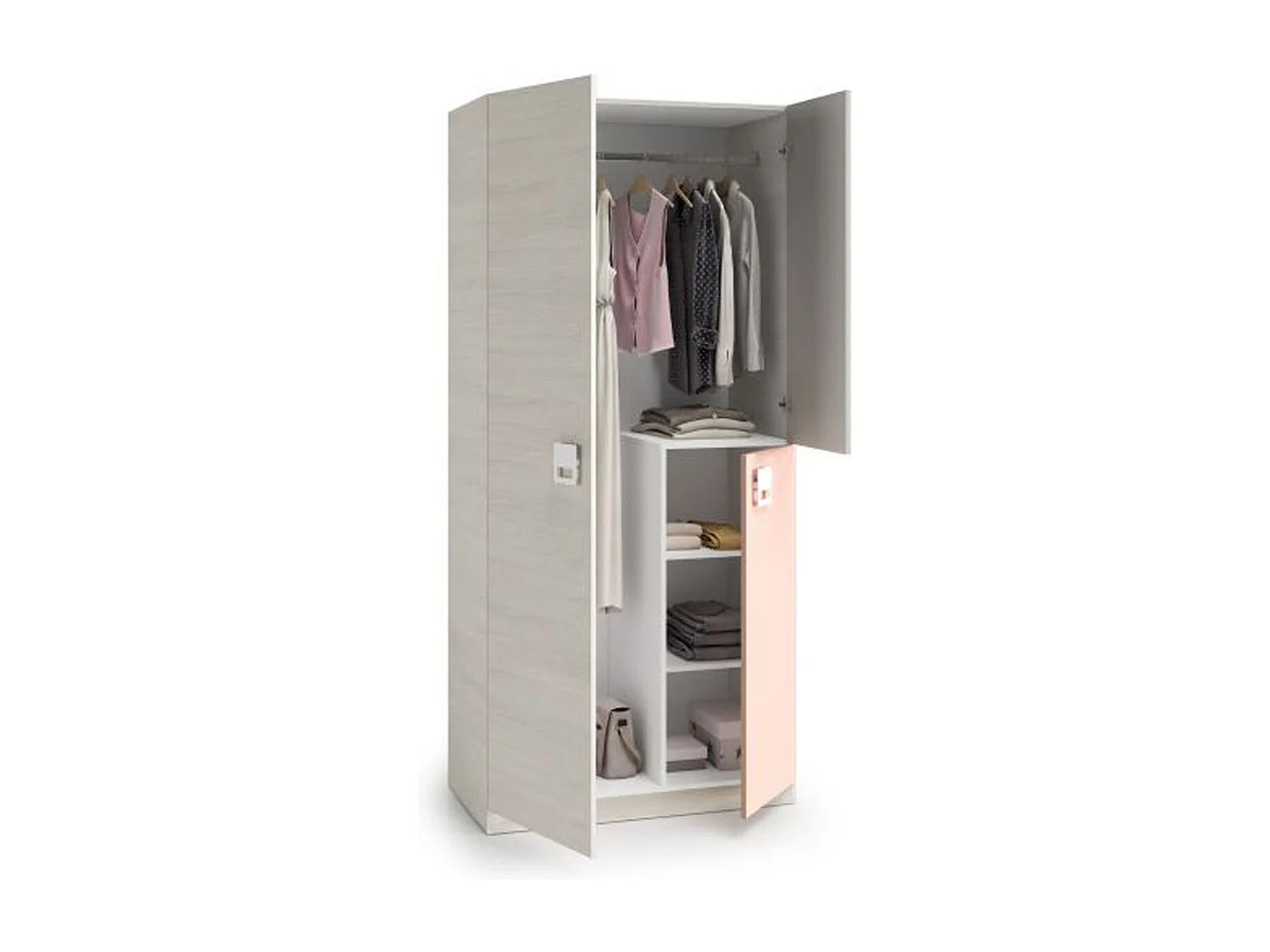 Armoire enfant avec 2 portes coloris blanc alpes / rose - 200 x 90 x 52 cm