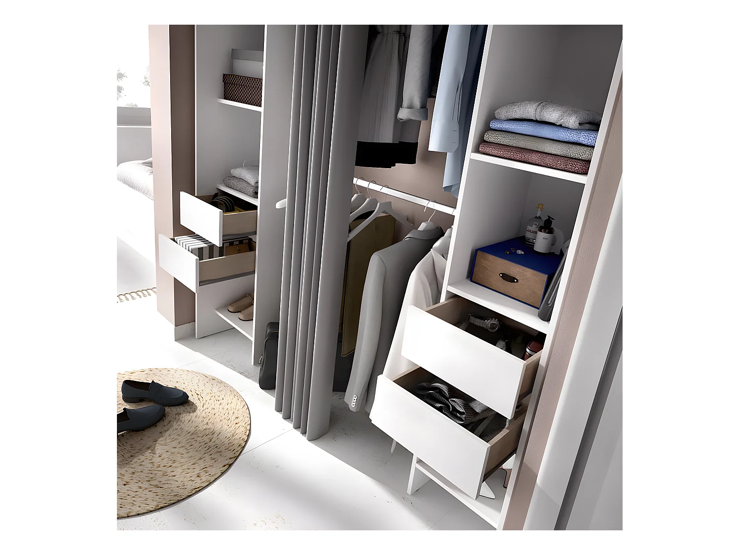 Armoire dressing extensible avec rideau + 4 tiroirs coloris blanc - Longueur 100-180 x Hauteur 203 x Profondeur 50 cm