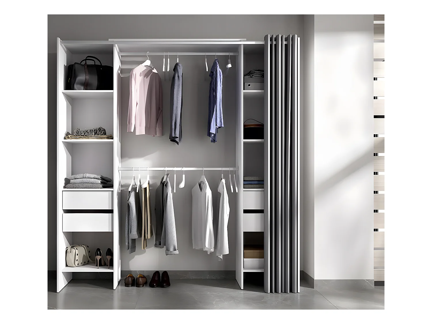 Armoire dressing extensible avec rideau + 4 tiroirs coloris blanc - Longueur 100-180 x Hauteur 203 x Profondeur 50 cm