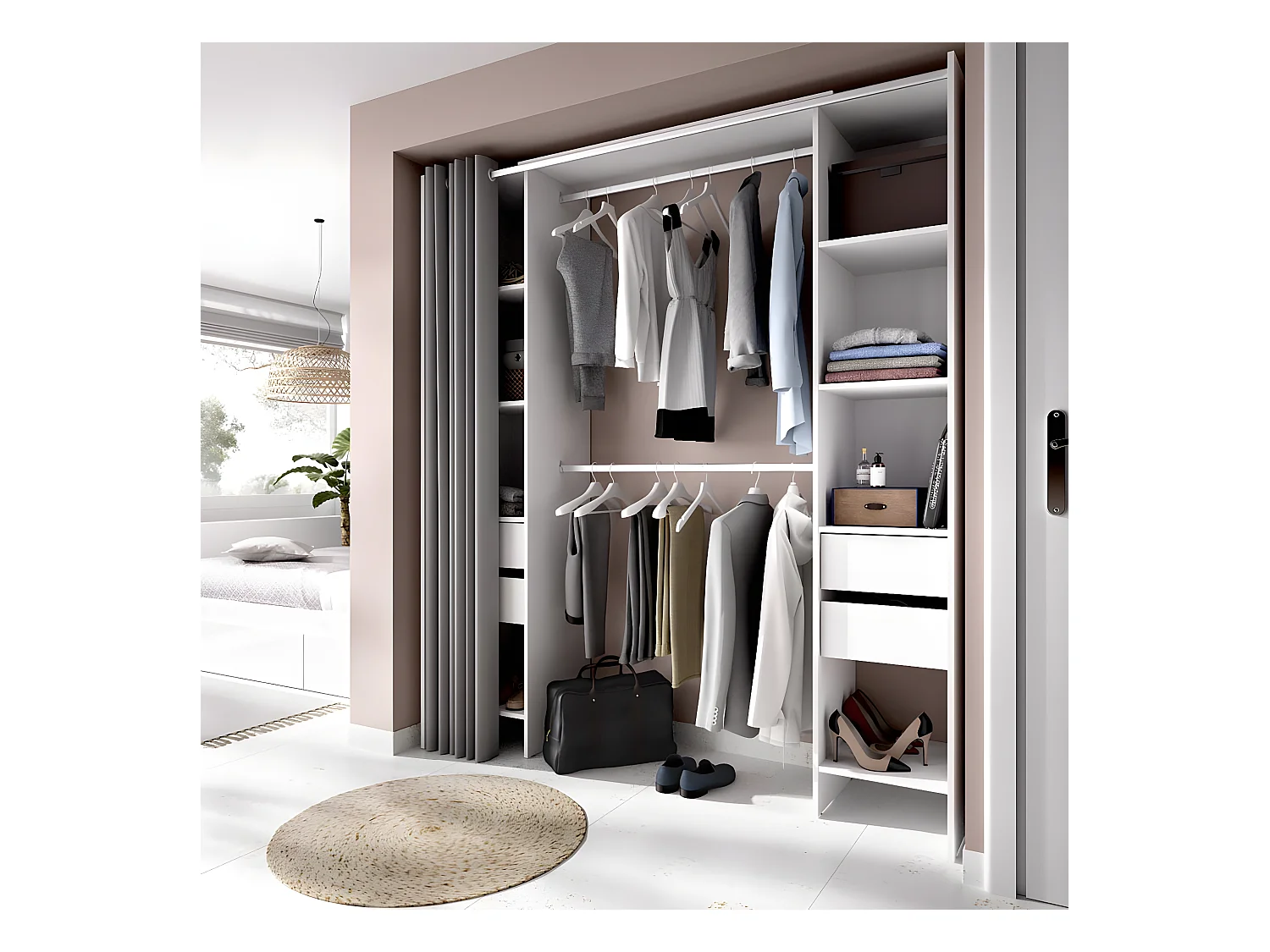 Armoire dressing extensible avec rideau + 4 tiroirs coloris blanc - Longueur 100-180 x Hauteur 203 x Profondeur 50 cm