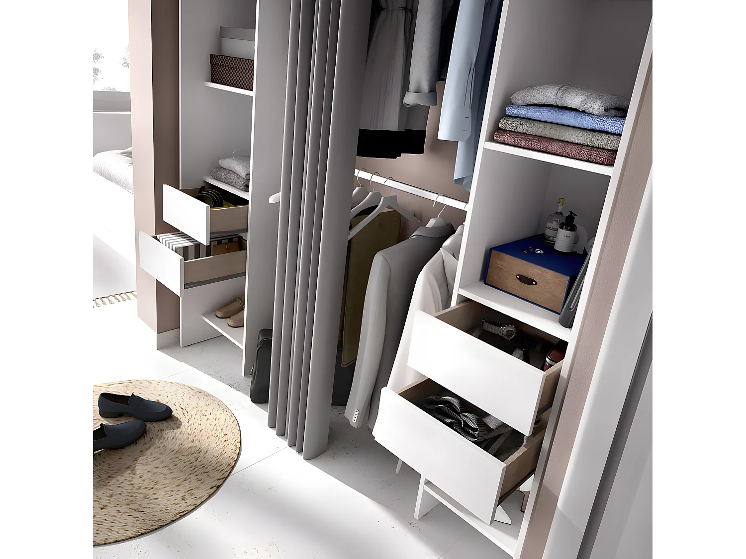 Armoire dressing extensible avec rideau + 4 tiroirs coloris blanc - Longueur 100-180 x Hauteur 203 x Profondeur 50 cm